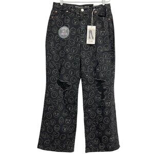 Gemma Rae Jeans Black Emoji Print Wide Leg Distressed Skater Baggy Size 15/32